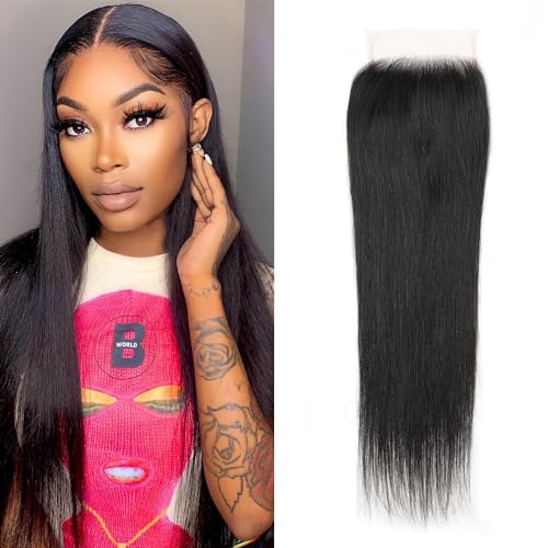 4x4 HD Lace Closure 14 Inches Straight Human Hair Closure Can be Curly and Dyed 100% Human Hair Lace Closure With Baby Hair(14Inches Natural Black)