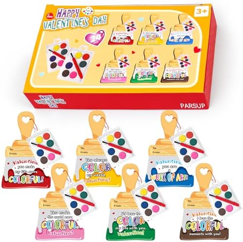 PARSUP 24 Pcs Valentine's Day Greeting Cards with Painting Tools - Valentine's Day Classroom Exchange Gifts Party Favor Supplies for Kids