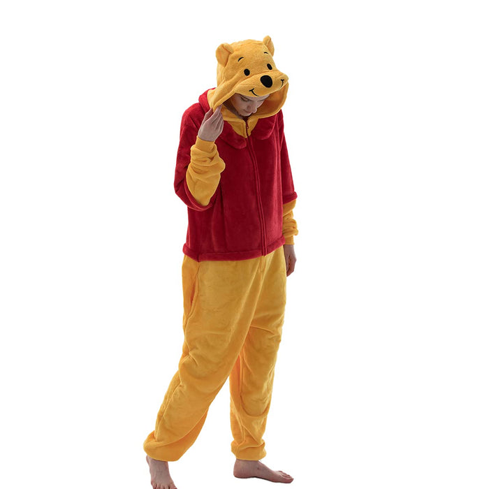 COSUSKET Fitted Unisex Adult Bear Onesie Pajamas, Halloween Flannel Women's Cosplay Animal One Piece Costume Red/Yellow