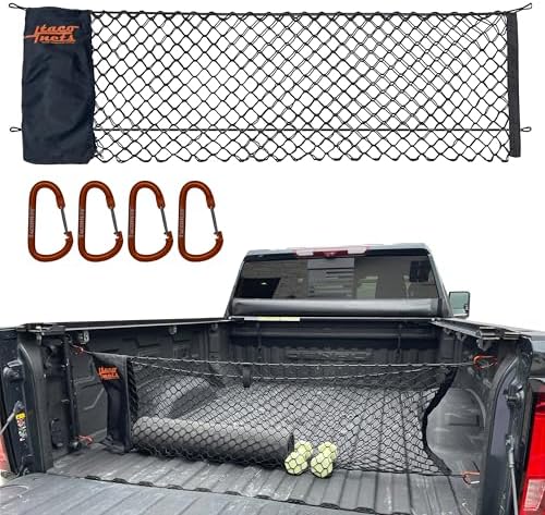 GMC Sierra & Chevy Silverado Envelope Style Truck Bed Cargo Net - Fits 2013-2024 - Upgraded 5mm Bungee - Free Storage Bag - Heavy Duty Carabiners - Designed in USA - 18" x 50"