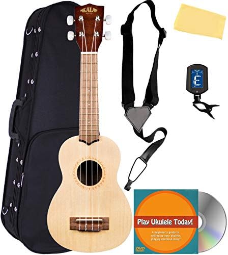 Kala KA-15S-S Satin Spruce Soprano Ukulele Bundle with Hard Case, Tuner, Strap, Austin Bazaar Instructional DVD, and Polishing Cloth