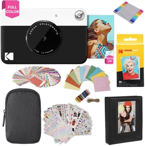 KODAK Printomatic Full-Color Instant Print Digital Camera Colorful Photos On Zink 2x3" Sticky-Back Photo Paper 5MP Gift Bundle: Case + Zink 2x3" 20pk + Album + Stickers + Frames + Markers - Black
