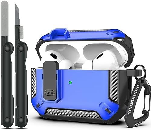 RFUNGUANGO for AirPods Pro 2nd Generation Case Cover with Cleaner Kit, Military Hard Shell Protective Armor with Lock for AirPod Gen 2 Charging Case2023 2022, Front LED Visible,Blue
