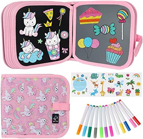 Erasable Book Doodle Set for Kids,Magic Drawing Book for Kids,Reusable Drawing Book 12 Watercolor Pens 14 Page Drawing,Road Trip Car Game Writing Painting Set for Boys and Girls (Pink Unicorn)
