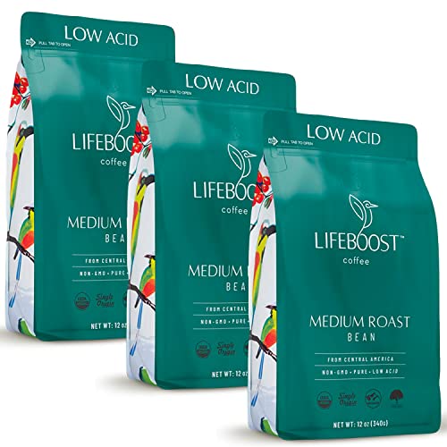 Lifeboost Coffee 3 Pack Medium Roast Whole Bean Coffee - Low Acid Single Origin USDA Organic Coffee - Non-GMO Whole Beans Coffee Third Party Tested For Mycotoxins & Pesticides - 12 Ounces