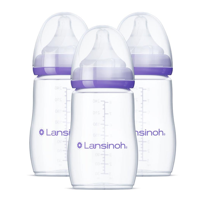 Lansinoh Anti-Colic Baby Bottles, BPA-Free Plastic, 8 Ounces, 3 Count, Medium Flow Nipples (Size M), Breastfeeding Bottle with NaturalWave Design, Baby Essentials