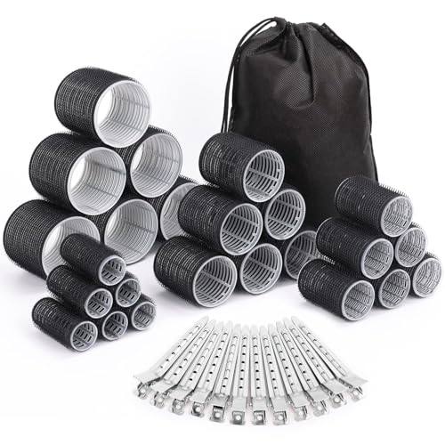 Selizo Hair Curlers 36 Pcs Set with 24Pcs Hair Curlers 4 Sizes and 12 Pcs Hair Clips for Long Medium Short Thick Hair, Black