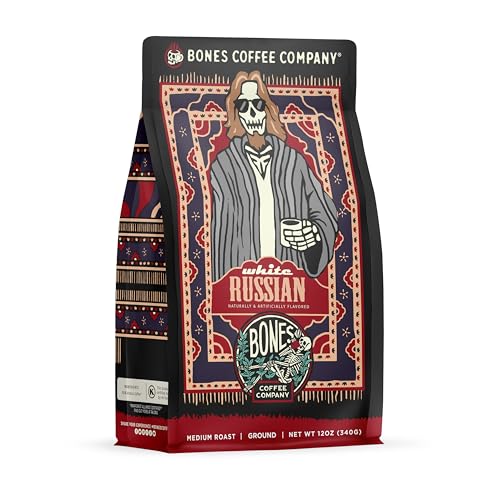 Bones Coffee Company White Russian Flavored Coffee Beans, Medium Roast Ground Coffee Low Acid, Cream and Coffee Liqueur Flavor (12 oz)