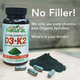 Vitamin D3 K2 (MK-7) with Organic Spirulina, 10000 IU Extra Strength Supplement in Veggie Capsules, Supports Bone Health, Immune System and Mood