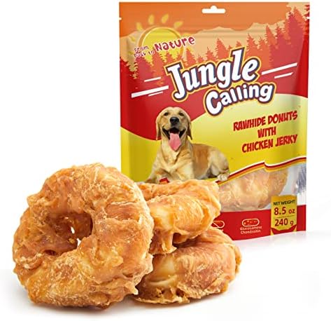 Jungle Calling Dog Treats Long Lasting, Rawhide Chews for Dogs, Chicken Wrapped Rawhide Donuts, Chewy Snacks for Medium Large Dogs