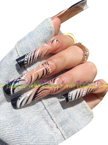 HAND-PAINTED White False Nails Set Coffin Press on Nails Pressons Kit Medium Length Stick on Nails Shoot Nail Art Short Nails with Nail Glue on Nails Square, Long Almond Nail (K25, X-Small)