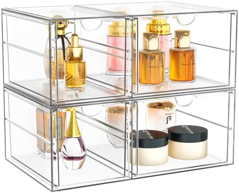 Acrylic Bathroom Makeup Organizer with 4 Drawers, Desk Organizers, Clear Desk Accessories, Dustproof Drawer Storage for Make Up, Jewelry, Pen, Stationary