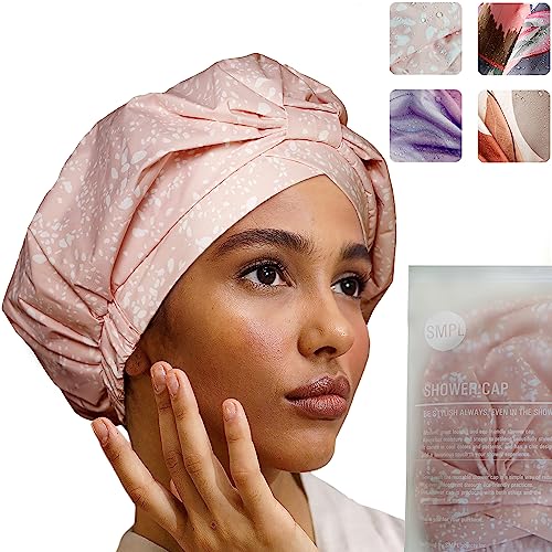 Reusable Shower Cap for Women Reusable Waterproof – Leakproof, Nonslip Hair Cap for Shower w/Comfy Flexiband – Soft, Breathable, Durable Shower Caps by SMPL OBJECTS (Blush)