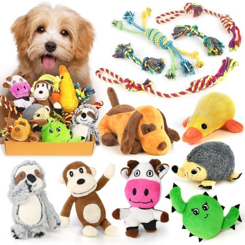 LEGEND SANDY Dog Squeaky Toys for Small Dogs, 12 Pack Puppy Toys for Teething, Cute Small Dog Animals Stuffed Plush Pet Toy Bundle, Natural Cotton Puppy Rope, Puppy Chew to Keep Them Busy