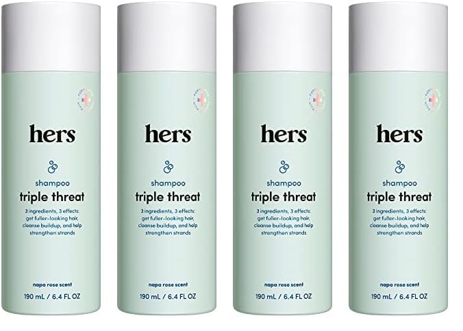 hers Triple Threat Shampoo 4 Pack - Thickening Shampoo for Women with Biotin, Saw Palmetto, Pumpkin Seed Oil - Reduces Shedding - Light Rose Scent - 4 Pack, 6.4oz