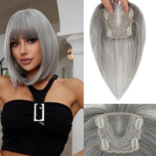 Hair Toppers for Women Real Human Hair, 360° 3D Real Human Hair Toppers for Women with Thinning Hair Clip in Bangs Big Coverage 12 Inch Hair Topper Hairpieces