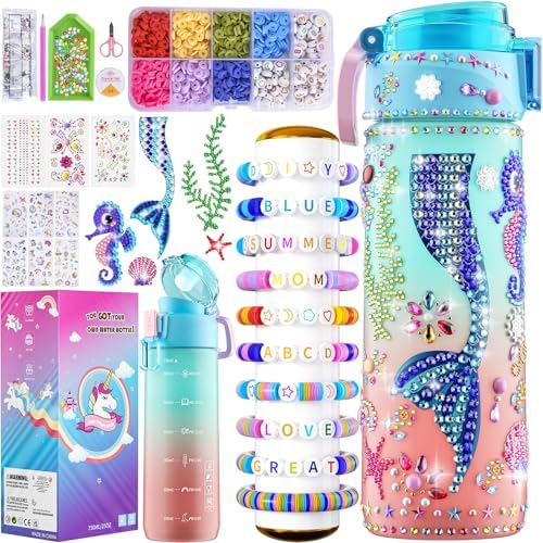 Gifts for 4-12 Year Old Girl - Decorate Your Own Water Bottle Kits for Girls, Mermaid Painting Diamond Art & Crafts Kits, Clay Beads Bracelet Making Kit, Birthday Gifts Toys for Ages 6-12