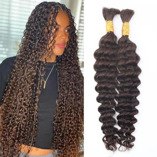 Human Braiding Hair for Boho Braids Deep Water Wave Curly Bulk Human Hair for Braiding Brazilian Virgin Human Hair for Micro Braiding Wet and Wavy Human Braiding Hair 100g 20inch Chocolate Brown