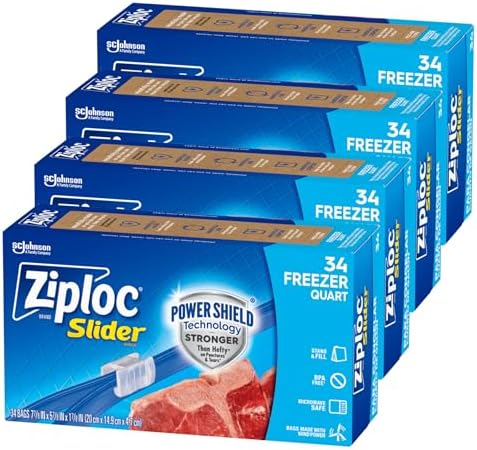 Ziploc Quart Food Storage Freezer Slider Bags, Power Shield Technology for More Durability, 136 Bags Total