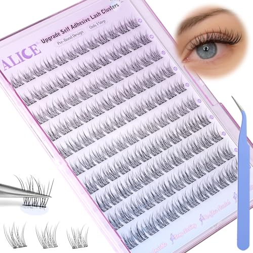ALICE Self Adhesive Eyelashes Natural Self Adhesive Lash Clusters No Glue Needed Wispy Reusable Press on Lashes Pre-Glue 10-12mm 120pcs C Curl DIY Eyelash Extensions Kit with Lash Tweezers