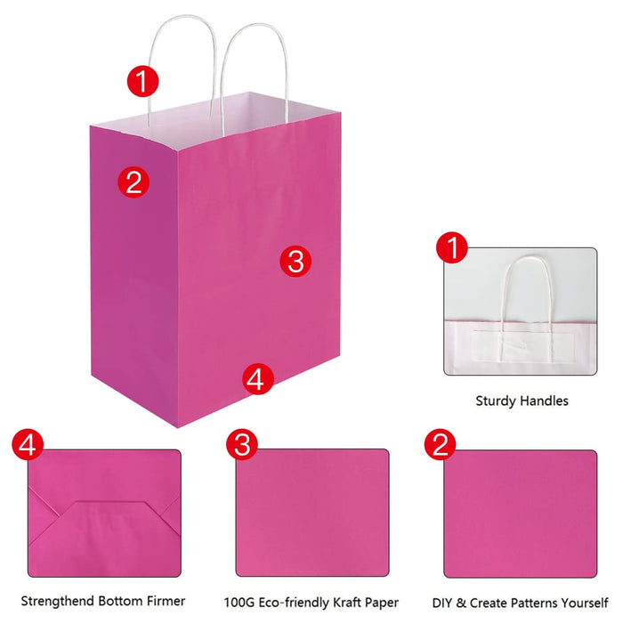 Oikss 50 Pack 8x4.75x10 inch Medium Paper Bags with Handles Bulk, Pink Kraft Bags Birthday Wedding Party Favors Grocery Retail Shopping Takeouts Business Goody Craft Gift Sacks (Fuchsia 50PCS Count)