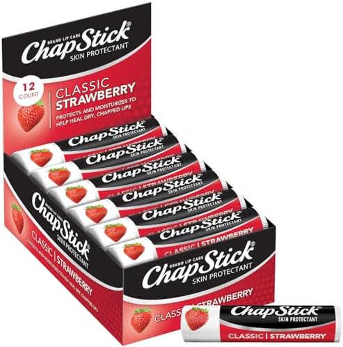 ChapStick Classic (1 Box of 12 Sticks, 12 Total Sticks, Strawberry Flavor) Skin Protectant Flavored Lip Balm Tube, 0.15 Ounce Each