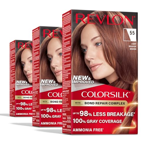 Revlon ColorSilk with Bond Repair Complex, Red Permanent Hair Color, 100% Gray Coverage, Ammonia Free Hair Dye, Vegan Keratin, 55 Light Reddish Brown (Pack of 3)
