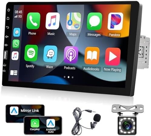 9 Inch Single Din Touch Screen Car Radio with CarPlay Android Auto, Hodozzy Car Stereo with Bluetooth FM AM Audio, iOS/Android Mirror Link TF/USB/AUX Car Multimedia Player, Backup Camera + Mic