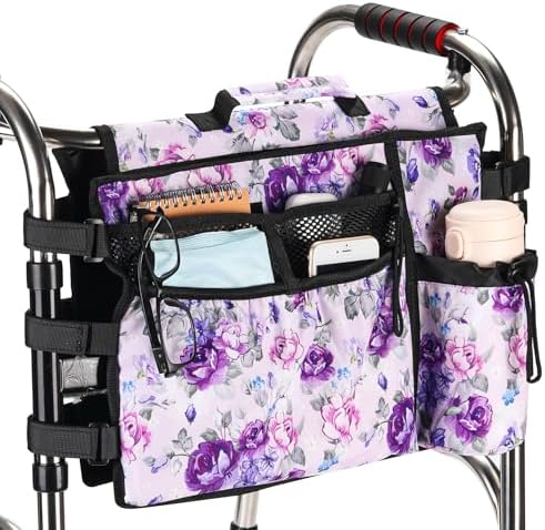 Walker Accessories for Folding Walker Double Sided Walker Bag with Cup holer Organizer Pouch Storage Tote for Rollator Carrying