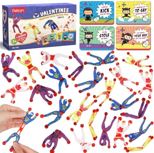 28 Packs Valentines Day Gifts Cards with Sticky Men Set for Kids Boys Girls, Wall Climbing Rolling Men Stress Relief Toys, Valentine School Classroom Exchange Prizes, Party Favor Supplies Gift Set