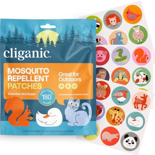 Cliganic Mosquito Repellent Stickers (180 Pack) - Animal Patches for Kids, Natural DEET-Free, Essential Oil Infused