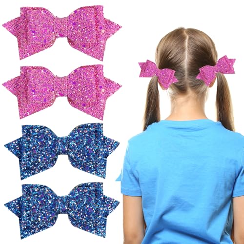 4" Sparkling Glitter Hair Bows Alligator Clips Hair Barrettes for Girls Teens Toddlers Kids Birthday Back to School Christmas Outfit Decor Accessory -Royal Blue & Hot Pink