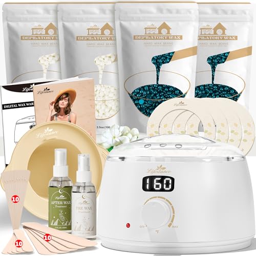 Lifestance Waxing Kit- L3 Digital Wax Warmer Hair Removal kit- 4 Packs of Wax Beads(14.1 oz total) Silicone Liner- 45 Items- Fast Heating Wax Pot for All Hair Types- Brazilian Bikini Facial Body