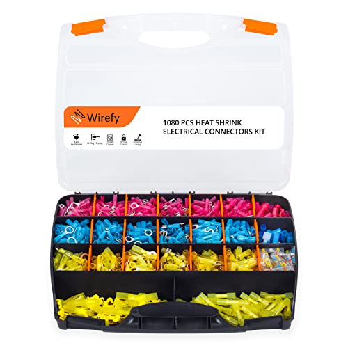 Wirefy Heat Shrink Wire Connectors Kit - a Resistant Electrical Connectors - Automotive Butt Connectors - Insulated Ring, Spade, Fork, Hook, T-Tap Crimp Terminals - 22-10 Gauge - 1080 PCS