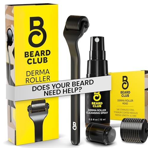 The Beard Club Beard Roller with Cleansing Spray & Replacement Head - 0.3mm Titanium Coated Needles, 3 Count