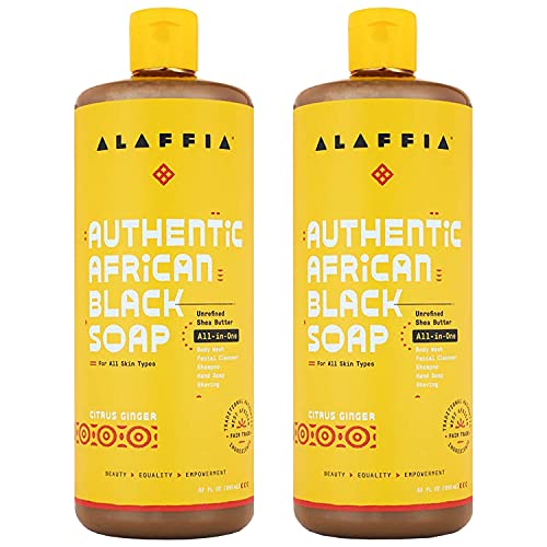 Alaffia Authentic African Black Soap All-in-One, Multi-purpose Face & Body Wash, Shampoo & Shaving Soap, Suitable for All Skin Types, Fair Trade Shea Butter, Citrus Ginger, 2 Pack - 32 Fl Oz Ea