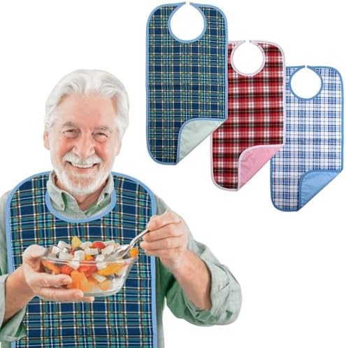 Adult Bibs, 3-Pack Washable Waterproof Clothing Protector for Men, Women, Elderly Seniors - Reusable Large Feeding Bibs