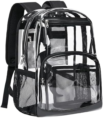 Vorspack Clear Backpack Heavy Duty - Large Clear Bookbag Clear Backpacks for Adults Transparent See Through Backpack for College Work Travel - Black