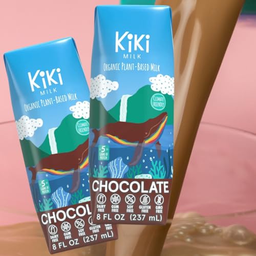 Kiki Milk Plant Based Milk - Organic Chocolate Milk - On-The-Go Calcium & Magnesium Source - Gluten, Gum, Soy, Glyphosate Free, Non-GMO, Non-Dairy - Shelf Stable Single Serve Cartons - 8 oz Pack of 12