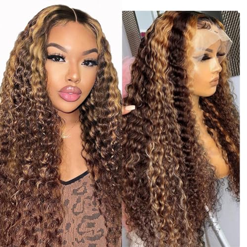 13x6 Highlight Lace Front Wig Human Hair 4/27 Ombre Deep Wave Lace Front Wig Human Hair Pre Plucked With Baby Hair 180% Density Honey Blonde Curly Human Hair Glueless Wigs for Women (28 inch)