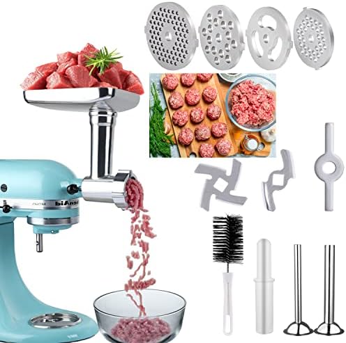 Stainless steel Food Grinder Attachments for Kitchenaid Stand Mixers, Meat Grinder Attachment, Including 2 Sausage Stuffer Tubes,2 Grinding Blades,4 Grinding Plates for Make Sausages, Dishwasher Safe