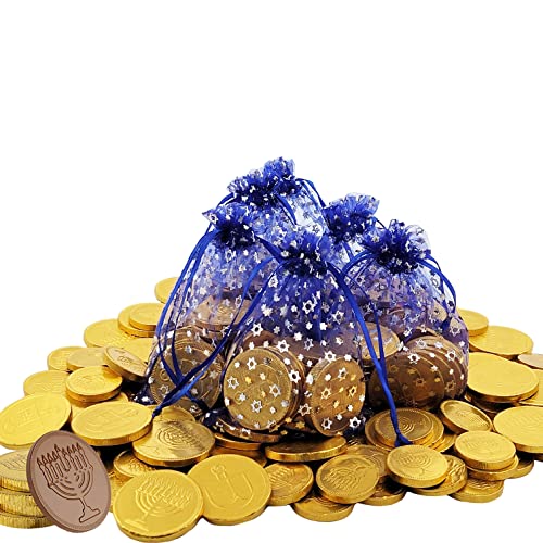 The Dreidel Company Milk Chocolate Coins in Hanukkah Gift Bag, Hanukkah Gelt, Made with Nut-Free Premium Belgian Chocolate, 15 Coins in each Bag (Gold Nut-free Belgian Milk Chocolate Coins, 6-Bags