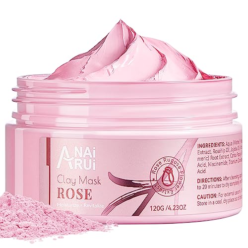 ANAI RUI Rose Facial Mask, Clay Mask with Kaolin Pink Clay, Valentines Day Gifts for Women, Niacinamide, Collagen, Hyaluronic Acid for Moisturizing & Smooth Skin, Pores Minimizers, 4.23 Oz