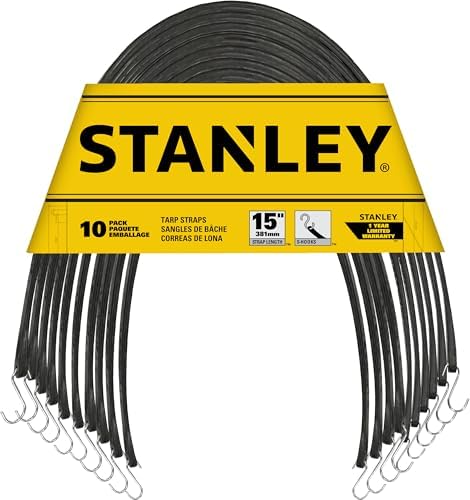 STANLEY S300415 Black 15" All-Weather Rubber Bungee Cords with S-Hooks for Securing Tarps, Flatbed Hauler and Boat Covers, Storage, and Cargo, 10 Pack