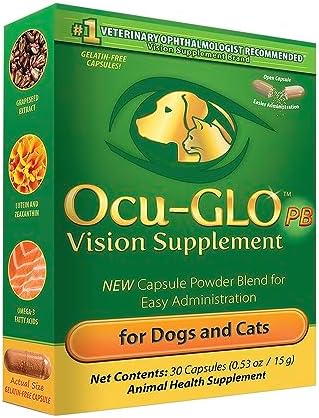 Ocu-GLO PB Vision Supplement for Small Dogs & Cats – Easy to Administer Powder Blend with Lutein, Omega-3 Fatty Acids, Grape Seed Extract and Antioxidants to Promote Eye Health, 30ct Sprinkle Capsules