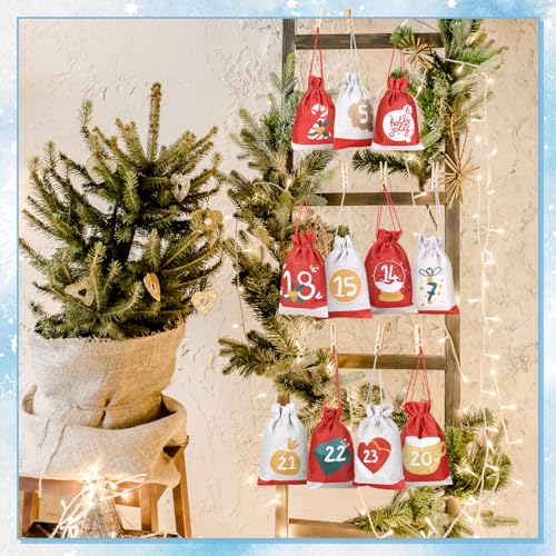 GWHOLE 2024 Advent Calendar Fill Your Own Christmas Drawstring Bags with Countdown Stickers Printed 24Pcs