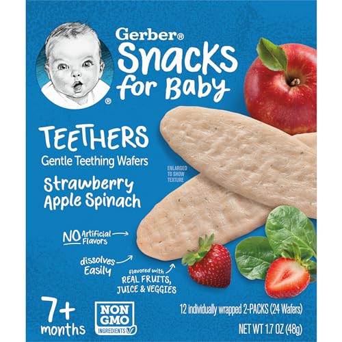 Gerber Snacks for Baby Teethers, Gentle Teething Wafers, Strawberry Apple Spinach, 1.7 Ounce, 12 Count Box (Pack of 6)