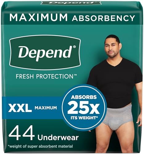 Depend Fresh Protection Adult Incontinence Underwear for Men, Disposable, Maximum, Extra-Extra-Large, Grey, 44 Count (2 Packs of 22), Packaging May Vary