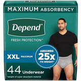 Depend Fresh Protection Adult Incontinence Underwear for Men, Disposable, Maximum, Extra-Extra-Large, Grey, 44 Count (2 Packs of 22), Packaging May Vary