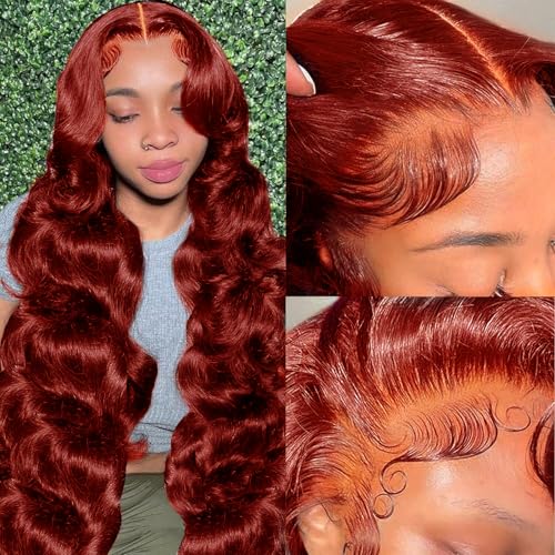 Reddish Brown Lace Front Wigs Human Hair Pre Plucked 13X6 Body Wave Lace Front Wigs Human Hair with Baby Hair Colored Red HD Lace Frontal Wigs 180% Density Human Hair Wigs For Women 32 Inch